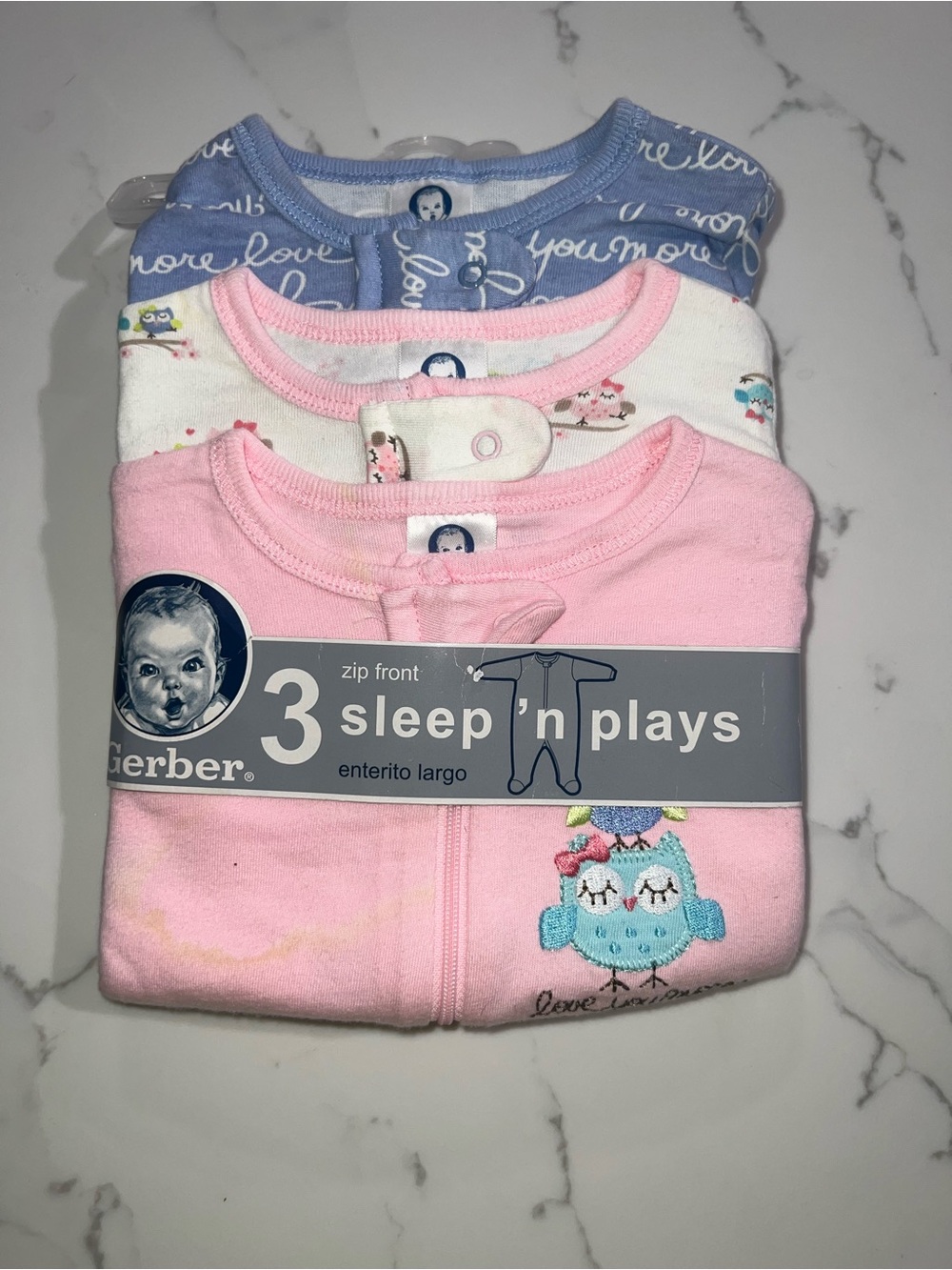 Gerber Girls 3-Pack Zip Front Sleep 'n Plays - Pink/White/Blue